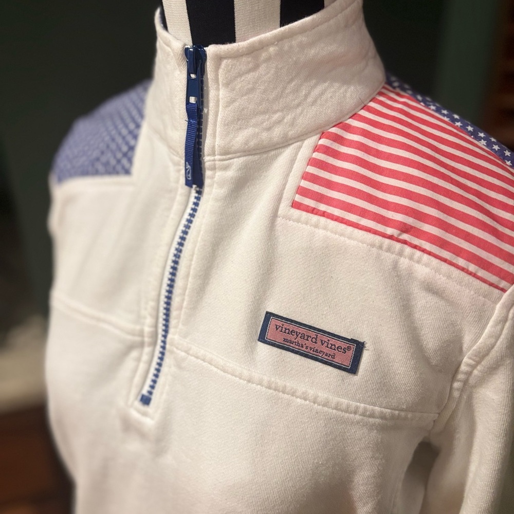 Vineyard Vines Shep Shirt White Pullover with Blue and Red USA Flag 4th of July